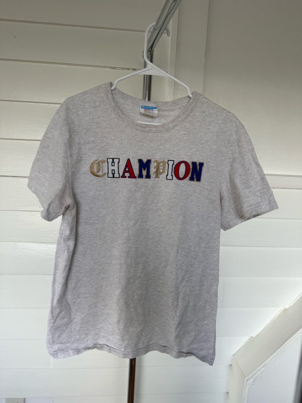 Champion Short Sleeve Tee in Light Gray with Multi-Color Old English Logo
